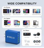USB C Wall Charger, 60W USB C Charger Block 2-Pack 5-Port PD Fast Charging Blocks,Multiport 2USB C+3USB A Plug,Type C Power Adapter Brick Cube for iPhone 17/16/15/14/13,Samsung,for Switch（Dark Blue）