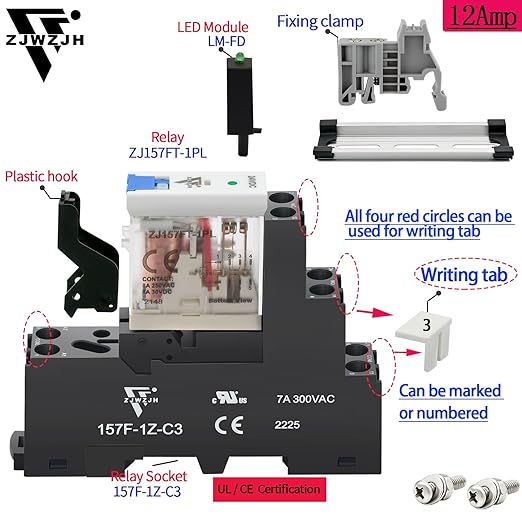 6 Pcs 12 Amp Power Relay Switch 12V DC Relay Coil, 5 Pin SPDT 1NO 1NC with Test Button, LED Module Light, Socket Base, DIN Rail