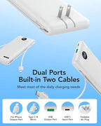 VRURC Portable Charger with Wall Plug, 10000mAh Slim Portable Charger Built in Cables,PD 20W Fast Charging Power Bank with Cords,USB C Portable Phone Charger Travel Accessories -White(1 Pack)