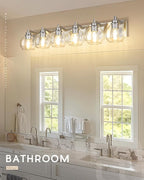 METWET Bathroom Light Fixtures, 6 Light Brushed Nickel Vanity Light, 38 Inch Modern Wall Sconces with Globe Clear Glass Shade, Vanity Lighting Fixtures Over Mirror, VL195-BN-6