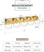 METWET Bathroom Light Fixtures, 5 Light Brushed Gold Vanity Light, 32 Inch Modern Wall Sconces with Globe Clear Glass Shade, Vanity Lighting Fixtures Over Mirror, VL195-BG-CL-5