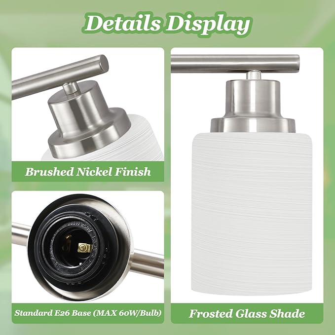 Guliaofo 4-Light Brushed Nickel Vanity Lights for Mirror, Bathroom Light Fixtures with Textured Milky White Glass Shade, Modern Kitchen Light Fixtures Wall Sconce Light - E26 Base