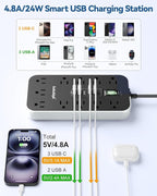 Extension Cord with USB Ports- 5 FT Power Strip with USB, 1625W Multi Outlet with 11 AC Outlet 6 USB (24W/4.8A), Charging Station for Multiple Devices, for Home, Office, Dorm, Gaming Room Essentials