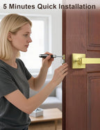 Mengico 10 Pack Passage Door Levers Gold Finish, No-Locking Keyless Square Door Knob, Interior Door Handles for Closet and Hallway, Reversible for Left & Right Handed