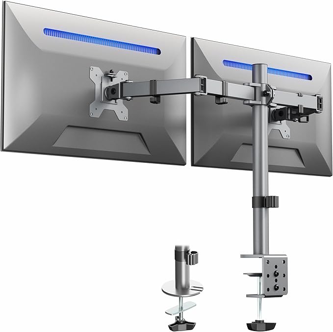 VIVO Dual Monitor Desk Mount, Heavy Duty Fully Adjustable Steel Stand, Holds 2 Computer Screens up to 30 inches and Max 22lbs Each, Gray Color, STAND-V002-GY