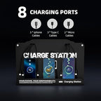 Wall Mounted 8 Port Charging Station with Fast Charigng Cables – Multi Device Charging Dock for Office, Hotel & Public Spaces | Compatible with iPhone ipad Smartphone Tablets Android Port (Black)