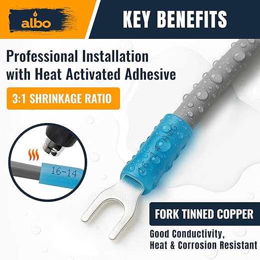 150PCS Blue Heat Shrink Fork Spade Connectors #10 – 16-14 AWG Tinned Copper Terminals, Waterproof Wire Crimp Kit for Automotive, Marine, Speaker & Electrical Wiring