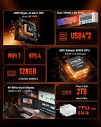 Beelink Mini PC, GTR9 Pro AMD Ryzen AI Max+ 395 CPU (126 Tops), 128GB RAM 2TB Crucial SSD, Mini Computer 10GbE Dual LAN/WiFi 7+BT5.4/8K Quad Display/USB4.0 * 2/SD Card Slot/DeepSeek 70B