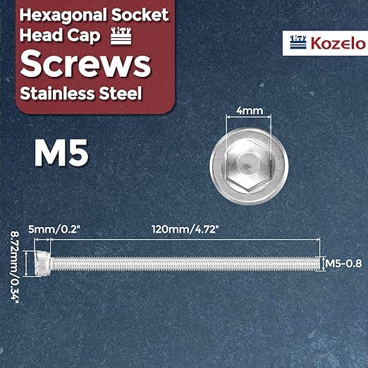 Kozelo 4pcs Socket Head Cap Screws - [M5-0.8 x 120mm] 304 Stainless Steel Allen Socket Drive for Electrical Motor 3D Printing Fan Engine Replacement Use, Silver