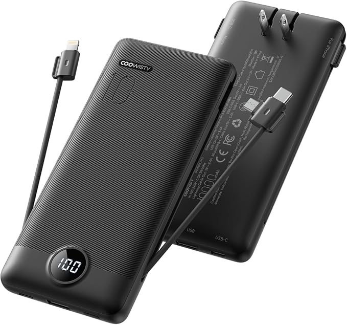 Coowisty Portable Charger with Wall Plug, Slim USB C Power Bank with Built-in Cables, 10000mah LED Display External Battery Pack Compatible with iPhone/Android & More (Black)