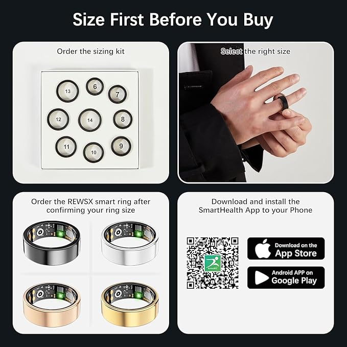Smart Health Ring for Women Men, Fitness Tracker Ring with Heart Rate, Blood Oxygen, Sleep Tracker, Step Tracker, No Subscription Fee, IP68 Waterproof Smart Ring for iphone & Android (Silver, 8#)