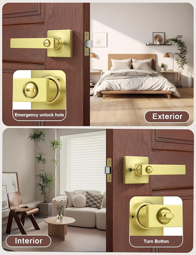 Mengico 10 Pack Gold Privacy Lever Door Handle Interior with Lock, Heavy Duty Square Door Lock for Bed/Bath, Keyless Door Locksets, Reversible for Left Right Handed Doors