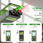 Laser Measure Device 3-in-1, Huepar 330ft Laser Measurement Tool & 33ft Cross Laser Level & 6.5ft Tape Measure, Rechargeable, Voice Broadcast, Multi-Mode, Rugged for Construction & Home Use, SW-T100