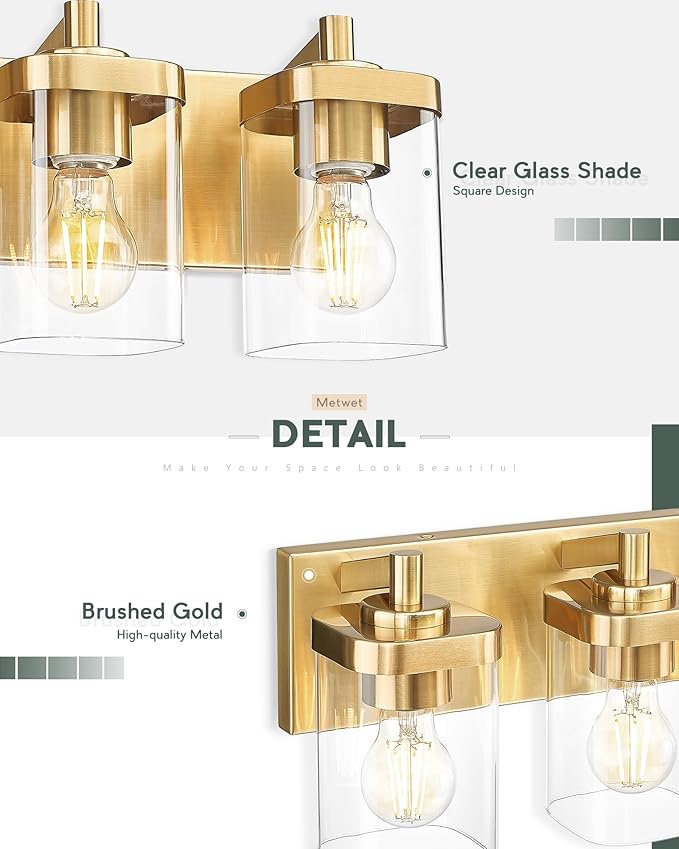 METWET Bathroom Light Fixtures Over Mirror, 3-Light Brushed Gold Vanity Light with Square Clear Glass Shade, Modern Wall Sconces, Vanity Lighting Fixtures, VL194-BG-3