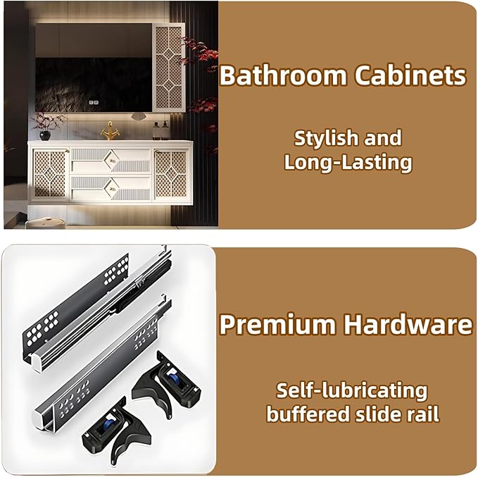 56IN Luxury Floating Bathroom Vanity - Single Sink Bathroom Vanities has Smart Defog Mirror & Slate Countertop | Woven Rattan Perforated Door Panel, LED Lights, 2 Drawers (Style A)