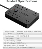 Bawmwim Surge Protector Power Strip - 8 Outlets(1850W/15A) with 6 USB Ports（2 USB C, 6FT Flat Plug Extension Cord, Wall Mount Multi Plug Outlet Extender, ETL Listed for Home, Dorm Room, Black