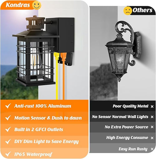 2-Pack Porch Lights with GFCI Outlet, Motion Sensor Dusk to Dawn Waterproof Outdoor Wall Lights, 3 Lighting Modes Black Exterior Light Fixtures for Front Door, Outside Wall Lanterns for House Garage