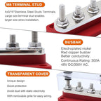 AMOMD 300A PowerBars 4 Terminal Studs (5/16 inch) M8 Nickel Plated Copper Distribution Block Electrical Negative Bus Bars Ground Block with Cover for Trailer Marine Boat Car RV (Red)