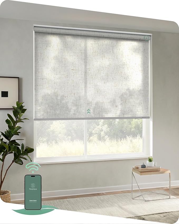 Yoolax Motorized Blinds App Control, Light Filtering Motorized Shades for Windows, Cordless Automatic Roller Shades for Bedroom Living Room Office(Light Filtering Linen Beige, 50" W x 72" H)