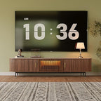 POVISON Fully-Assembled Mid Century Modern Black TV Stand with White Matte Travertine Stone Tabletop & LED Lights, Rolling Door Media Console, Wood TV Console for Living Room