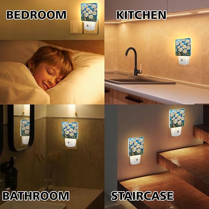 PODMemory Daisy Stained Glass Night Lights Plug into Wall for Room, Daisy Night Light LED for Bedroom