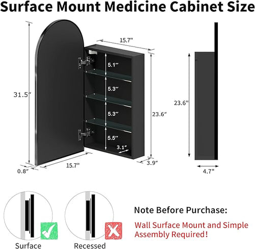 16 x 32 Black Bathroom Medicine Cabinet with Mirror,Arched Medicine Cabinet with Mirror,Assembly Required,Bathroom Mirror with Storage,Wall Mounted Medicine Cabinets with Adjustable Shelves