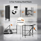Himix Storage Shelves with 6 Hooks, 3 Tier Foldable Shelf with Wheels, Metal Storage Shelving Unit Rolling Cart, Utility Shelf Rack Organization Shelves for Pantry, Kitchen, Black - No Assembly