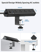 40W Fast Charging Station,Desk Clamp Power Strip 20W USB C,8 Outlets,8 USB Ports,4 USB C and 4 USB A, Office Furniture Surge Protector, 14AWG Cord, Fits 1.9" Tabletop Edge (Black, 10FT Length)