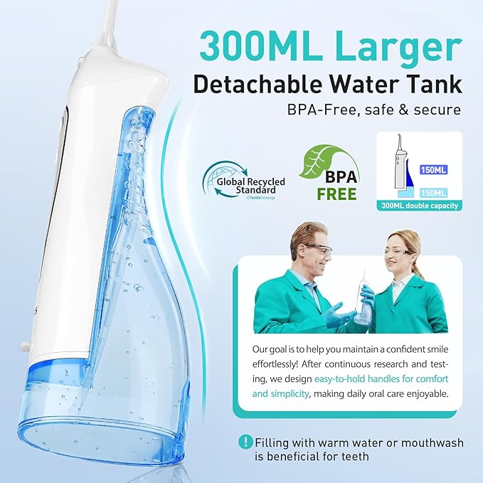 COSLUS Water Dental Flosser Teeth Pick: Portable Cordless Oral Irrigator 300ML Rechargeable Travel Irrigation Cleaner IPX7 Waterproof Electric Flossing Machine for Teeth Cleaning C20(F5020E) White