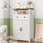 Farmhouse Bathroom Storage Cabinet with Barn Doors, Bathroom Storage Organizer with Drawers, Rustic Freestanding Floor Cabinet for Kitchen, Living Room, White