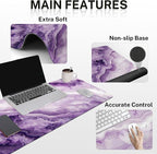Britimes Purple Pink Marble Gold Keyboard Mouse Pad Set 4in1 Large Mousepad+Keyboard Wrist Rest+Mouse Wrist Rest+Coaster Ergonomic Design for Home Office Computer 35.4x15.7 inches