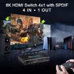 HDMI Switch 8K 4x1 120Hz 48Gbp, HDCP 2.3,ARC,VRR,CEC,HDMI Switcher 4 in 1 Out,4 Port HDMI Selector,IR Remote,3D,HDR 10,D-o-l-b-y Atmos,for QLED TV,PS5,Xbox,Fire Stick,Roku,Blu Ray,Projector