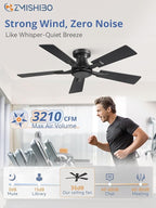ZMISHIBO 42 Inch Ceiling Fan No Light, Flush Mount Low Profile, Modern Black Ceiling Fan Without Light, Remote Control & Quiet DC Motor, for Indoor&Outdoor, Bedroom, Living Room