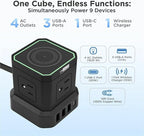 Uncaged Ergonomics Wireless Charger Cube Power Strip with USB Ports & Surge Protection, 10ft Extension Cord, 4 AC Plugs, 3 USB Ports (1C), Fast Charging, On/Off Switch, Nightstand Charger Station