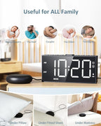 Loud Alarm Clock with Bed Shaker for Heavy Sleeper,3-level Vibrating,Large Digits,Weekday/Weekend Mode,Dual Alarms for Hard of Hearing/Deaf, 5 Volume,Dimmer,USB Charger,Snooze,Battery Backup