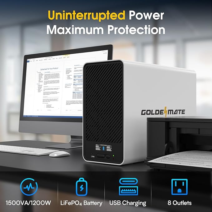 GOLDENMATE 1500VA/1200W Lithium UPS Battery Backup and Surge Protector, Backup Battery Power Supply with LiFePO4 Batteries(296Wh), AVR, Line Interactive Sinewave UPS System, 8 Outlets, LCD Display