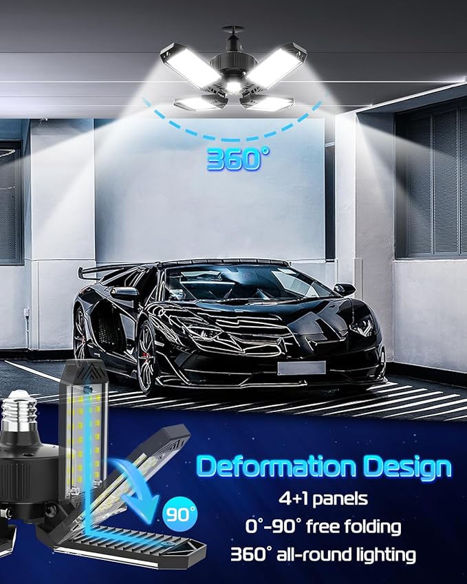 CHENGCHILIT Garage Light - 8PACK 130W 13000LM Deformable 4+1 Panel LED Garage Ceiling Lights with LED Transformer, E26/27 Base, 6500K Daylight White Shop Light for Factory, Storage Room, Warehouse