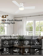 Homlit 42 inch RGB Ceiling Fan with Light, Smart App & Remote Control Low Profile Flush Mount, Music Sync Lighting, 6-Speed Quiet Reversible DC Motor, 4CCT Dimmable for Home Office Party,White