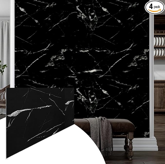 Dundee Deco Faux Marble Wall Panels - Sample - Glossy, Waterproof Indoor Wall Cladding - Black, White Veins - Sample 6" x 6"