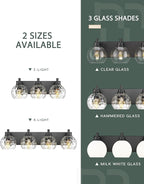 METWET Bathroom Light Fixtures Over Mirror, 3-Light Matte Black Vanity Light with Clear Hammered Glass Globe Shade, Modern Sconces Wall Lighting for Bedroom Hallway, VL200-MB-3