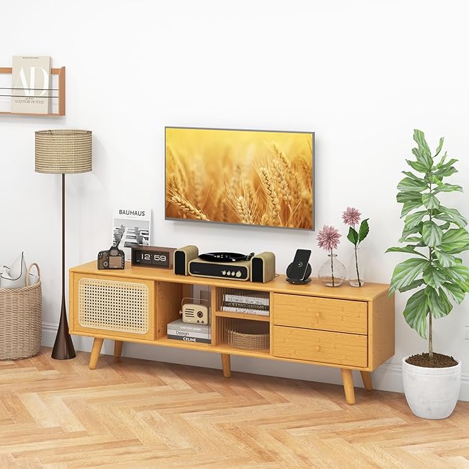 Giantex Mid Century Modern TV Stand for TVs up to 65", Wood Entertainment Center with Open Storage Shelves, PE Rattan Sliding Doors & Drawers, Media TV Console Table for Living Room (Natural)