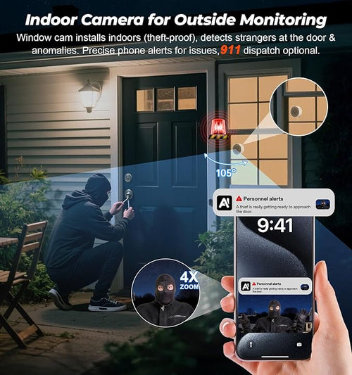 4MP/2K Window Camera for Home Security, 5G&2.4G WiFi Indoor Security Cameras, 2 Packs Outdoor Monitor Cam thru Glass Blacklight Color Night Vision, 24/7 Recording AI Human Detection, Easy Mag. Install
