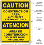 Brimar - 10" x 14" - Bilingual Caution Construction Area Authorized Only Sign - .055″ Polyethylene Plastic - Bilingual Design - Easy Installation