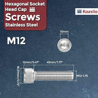 Kozelo 4pcs Socket Head Cap Screws - [M12-1.75 x 45mm] 304 Stainless Steel Allen Socket Drive for Electrical Motor 3D Printing Fan Engine Replacement Use, Silver