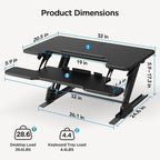 HUANUO 32" Z Shaped Stable Standing Desk Converter, Height Adjustable Sit Stand Up Desk Riser, Dual Monitor and Laptop Workstation with Wide Keyboard Tray, Desk Lifter for Home Office