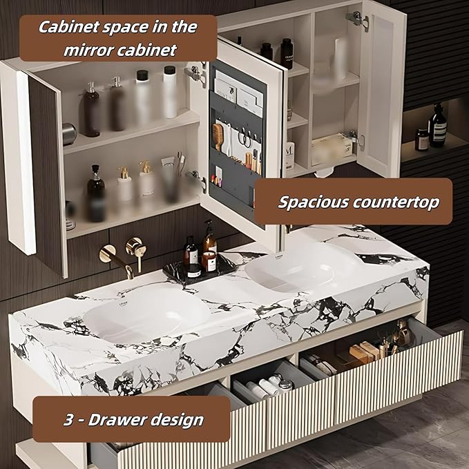 Fashionable Bathroom Vanity with Sink, Smart One-Click Defogging & LED Light, Bathroom Sink and Cabinet with Wave Striped Panel, Rockslab Countertop (Mirror, 64IN)