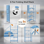 Storage Shelves with 20 Hooks, 5-Tier Foldable Shelf for Storage, Folding Shelf Unit Pantry Shelves with Wheels, Standing Shelving Unit for Kitchen Garage Home Office Room Greenhouse, Blue