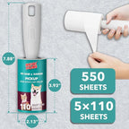 Lint Rollers for Pet Hair Extra Sticky, 550 Sheets Mega Value Set Lint Roller with 2 Upgraded Handles, 5 Rollers Portable Pet Lint Remover for Clothes, Furniture, Carpet, Dog & Cat Hair Removal