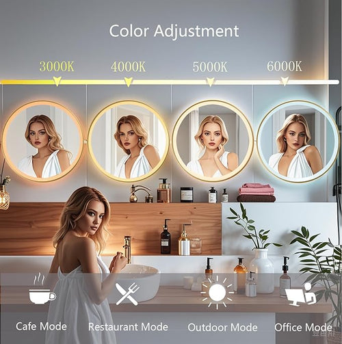 24 Inch Wall-Mounted Round Bathroom Mirror with LED-Lights - Frame Vanity Mirrors (24" x 24", Gold)