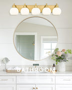 METWET Bathroom Light Fixtures, 5-Light Brushed Gold Bathroom Vanity Lights Over Mirror with Globe Milk White Glass Shade, 32 Inch Modern Vanity Lighting Fixtures, VL195-BG-ML-5